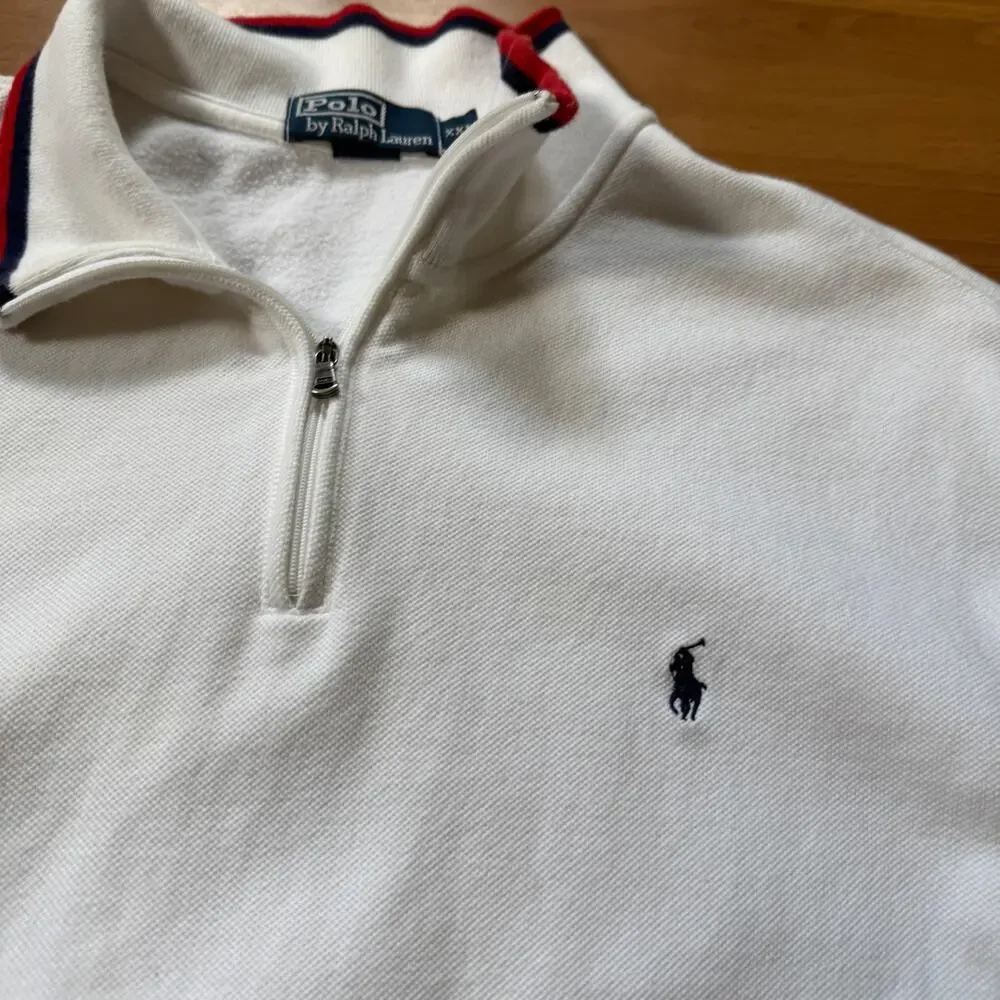 Men's Vintage Polo Ralph Lauren White Red Blue 1/4 Zip Pullover Sweatshirt 2XL